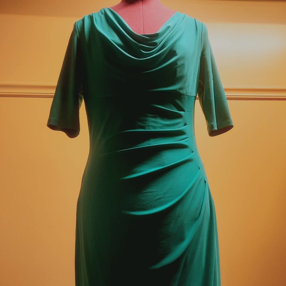 Lauren Ralph Lauren short sleeve Teal ruched drape front waterfall neck dress 6 - Picture 3 of 7